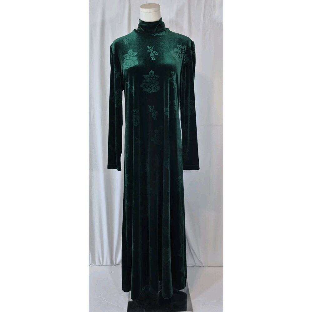Vintage On The Verge Y2K 90s Emerald Green Embossed Mock Neck Maxi Dress Medium - Picture 2 of 7